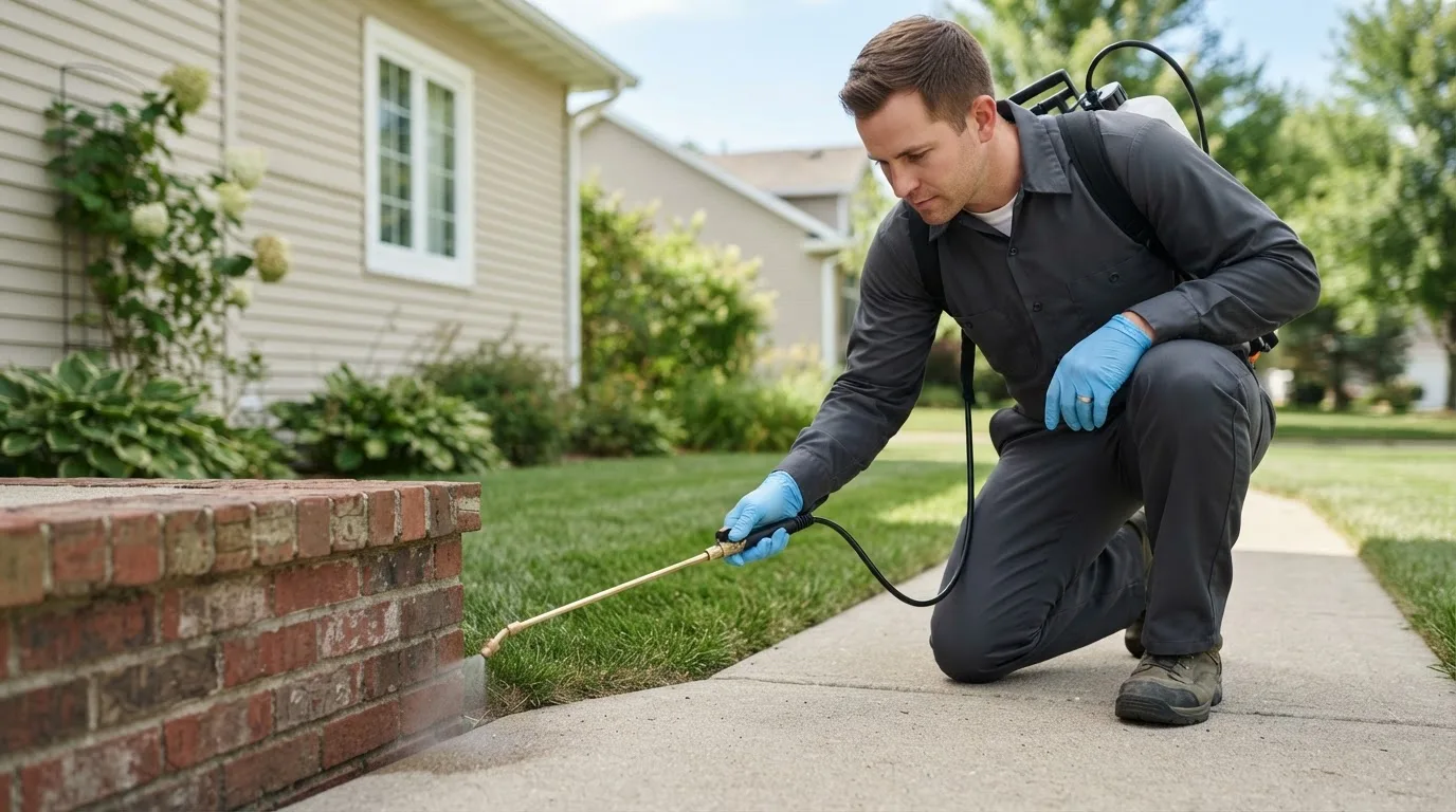 Pest control technician treating a home near Fordland, MO